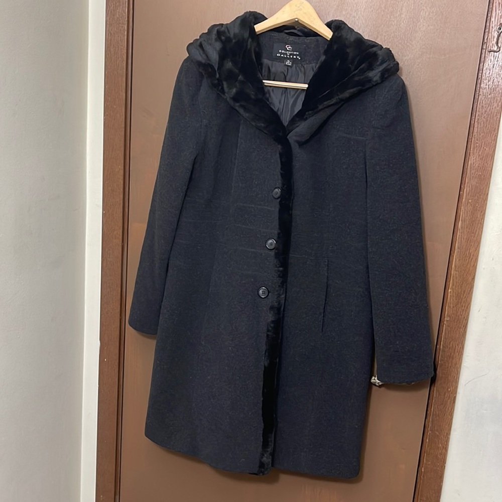 GALLERY COLLECTION BLACK WOOL TRENCH COAT FAUX FUR DETAILS SIZE XL